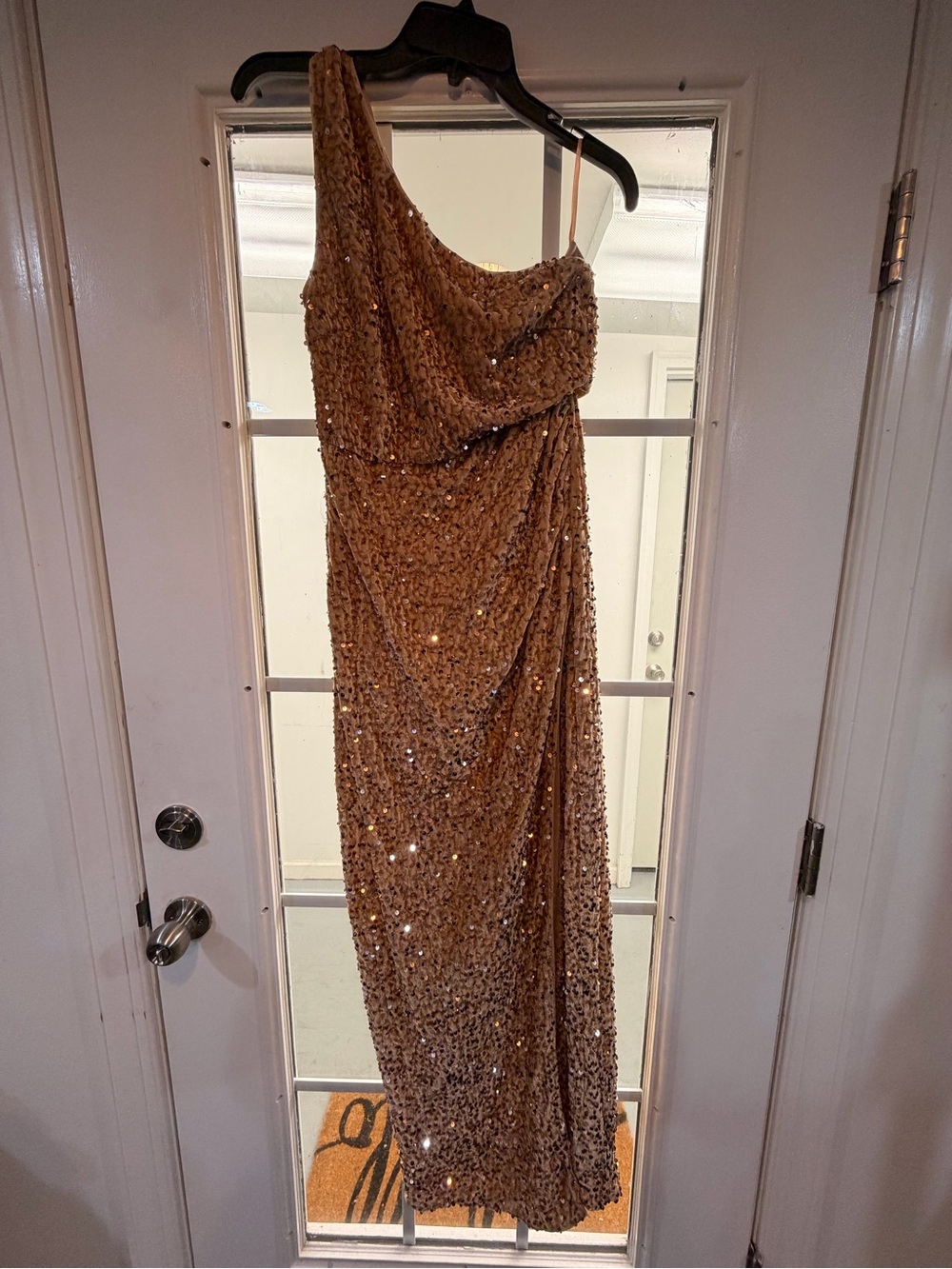 One-Shoulder Sequin Gown in Gold